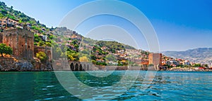 Landscape of ancient shipyard near of Kizil Kule tower in Alanya peninsula, Antalya district, Turkey, Asia. Famous tourist