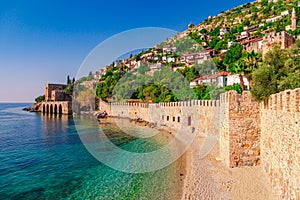 Landscape of ancient shipyard near of Kizil Kule tower in Alanya peninsula, Antalya district, Turkey, Asia. Famous tourist