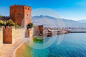 Landscape of ancient shipyard near of Kizil Kule tower in Alanya peninsula, Antalya district, Turkey, Asia. Famous tourist