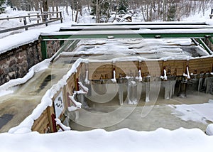 Landscape, Anfabrikas locks is an engineering construction of the LÄ«gatne river waterway cascade, fishway in winter, Ligatne,