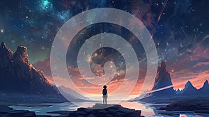 a landscape anime artwork of a lonely girl watching the universe, lake scenery, ai generated image