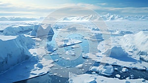 Landscape of Antarctica, panorama of ice and glacier in ocean water. Antarctic view of frozen rocks, land and snow. Concept of sea