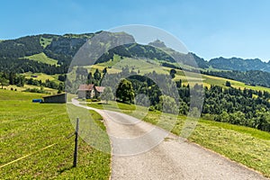 Landscape in the Appenzell Alps with green pastures and meadows, view to Mt. Hoher Kasten, Bruelisau, Canton Appenzell Innerrhoden