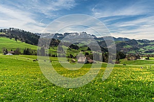 Landscape in the Appenzell Alps, view to the Alpstein mountains with Saentis, Switzerland photo