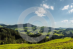 Landscape in the Appenzellerland, alpine pastures and meadows. Switzerland