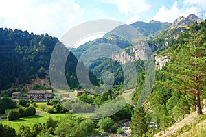 Landscape with the Ara river in the Bujaruelo valley, Aragonese Pyrenees, bordering the Ordesa and Monte Perdido National Park,