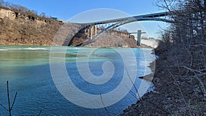 Landscape of the arched bridge over a river on the background of Niagara Falls