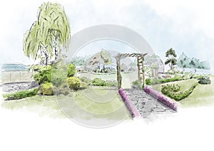 Landscape architecture design plan in the courtyard of the villa, country house, in the country.