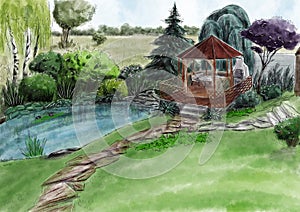 Landscape architecture design plan in the courtyard of the villa, country house, in the country.