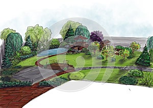 Landscape architecture design plan in the courtyard of the villa, country house, in the country.