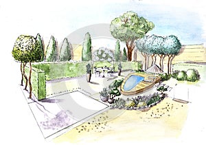 Landscape architecture design plan in the courtyard of the villa, country house, in the country.