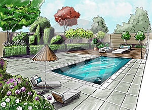 Landscape architecture design plan in the courtyard of the villa, country house, in the country.