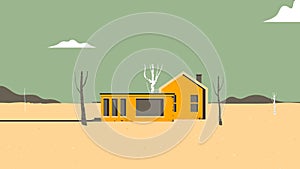 Landscape architecture, orange houses in desert with dead trees and mountains in background