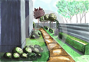 Landscape architecture plan design in the courtyard for Villa. Landscape design project.