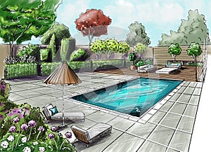 Landscape architecture plan design in the courtyard for Villa. Landscape design project.