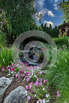 Landscape architecture with water feature and flowers