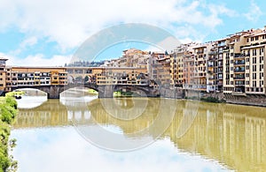 Landscape of Arno river and Ponte Vecchio bridge Florence or Firenze city Italy