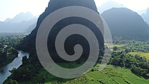 Landscape around the city of Vang Vieng in Laos seen from the sky