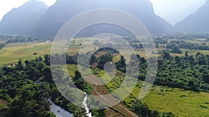 Landscape around the city of Vang Vieng in Laos seen from the sky