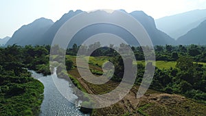 Landscape around the city of Vang Vieng in Laos seen from the sky