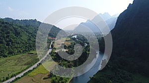 Landscape around the city of Vang Vieng in Laos seen from the sky