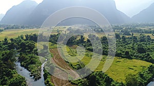 Landscape around the city of Vang Vieng in Laos seen from the sky