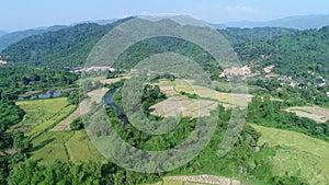 Landscape around the city of Vang Vieng in Laos seen from the sky