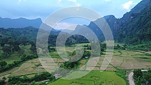 Landscape around the city of Vang Vieng in Laos seen from the sky