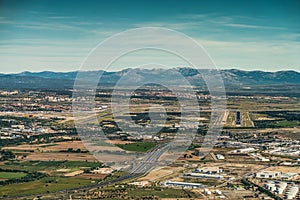 Landscape around Madrid Barajas  International Airport, Spain, Pilots view during approach - aerial view