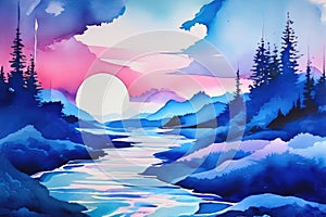 Landscape art painting. Scenic nature view