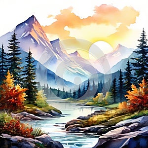 Landscape art painting. Scenic nature view with mountains and river