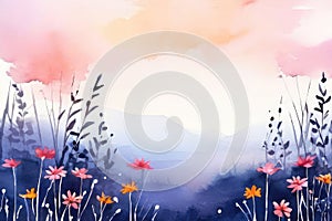 Landscape art painting. Scenic nature view with wildflowers