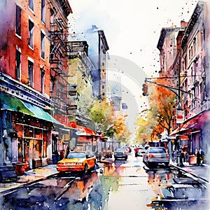 Landscape art painting. Scenic urban view