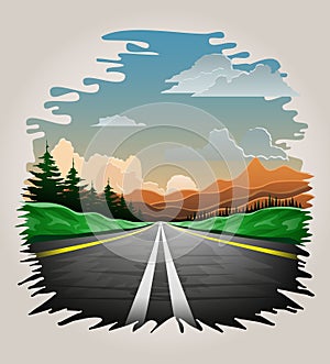 landscape asphalt auto road in nature among mountains hills and trees vector illustration
