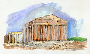 Landscape with the Athenian Acropolis in Greece.