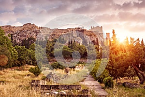 Landscape of Athens, Ancient Agora overlooking Acropolis hill at sunset, Greece