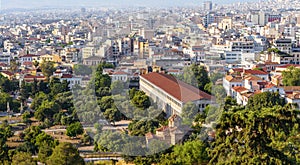 Landscape of Athens, Greece. Aerial panoramic view of Ancient Agora and Stoa of Attalos