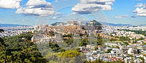 Landscape of Athens, Greece. Panoramic scenic view of Acropolis hill with Ancient Greek ruins in Athens city center