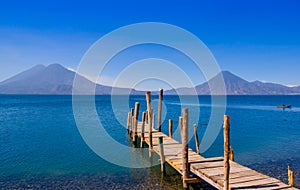 Landscape of the Atitlan Lake with a pier used by fishermen close to Panajachel photo