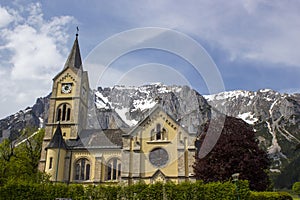 Landscape in the Austrian Alps of the Dachstein region (Styria in Austria) - church in Ramsau
