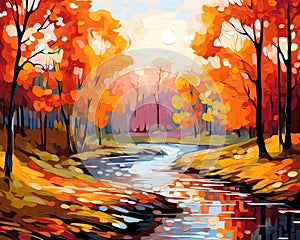 The Landscape Autumn Fall Forest with River Oil Pnting. photo