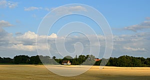 Landscape. Autumn fields. Agrarian country. Golden field. Dark clouds.