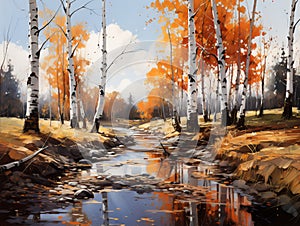 Landscape with autumn forest near the river. Oil painting in the style of impressionism