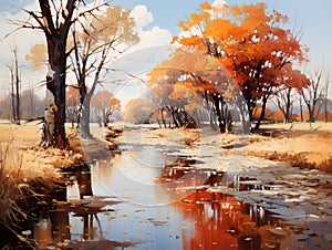 Landscape with autumn forest near the river. Oil painting in the style of impressionism
