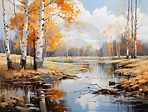 Landscape with autumn forest near the river. Oil painting in the style of impressionism