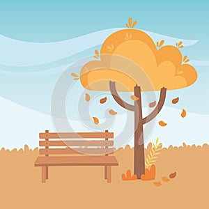 Landscape in autumn nature scene, bench park falling leaves tree