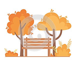 Landscape in autumn nature scene, bench park trees bushes branch