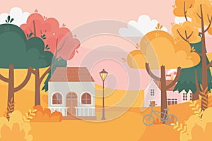 Landscape in autumn nature scene, houses bicycle lamp post trees forest meadow