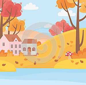 Landscape in autumn nature scene, houses countryside lake trees leaves cartoon