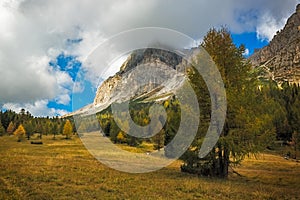 Landscape in autumn at Passo Falzarego, Dolomites, Italian Alps photo